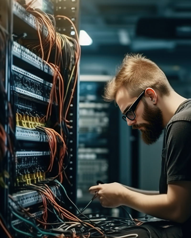 A technician upgrading network infrastructure in an office, adding new cables or configuring network equipment to expand coverage.